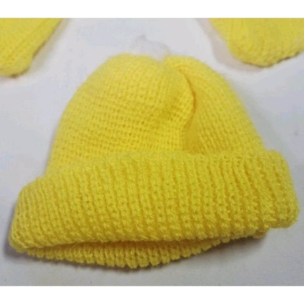 Vintage Hand Knit Doll Outfit Hat Sweater Footed Pants Baby Doll Pink Yellow Pom